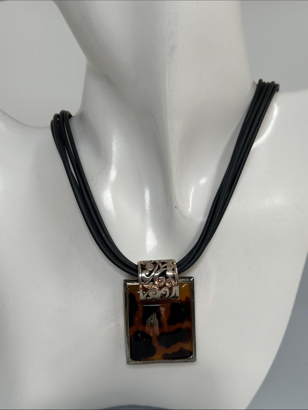 Black Multi-Strand Necklace with Tortoiseshell Rectangular Pendant